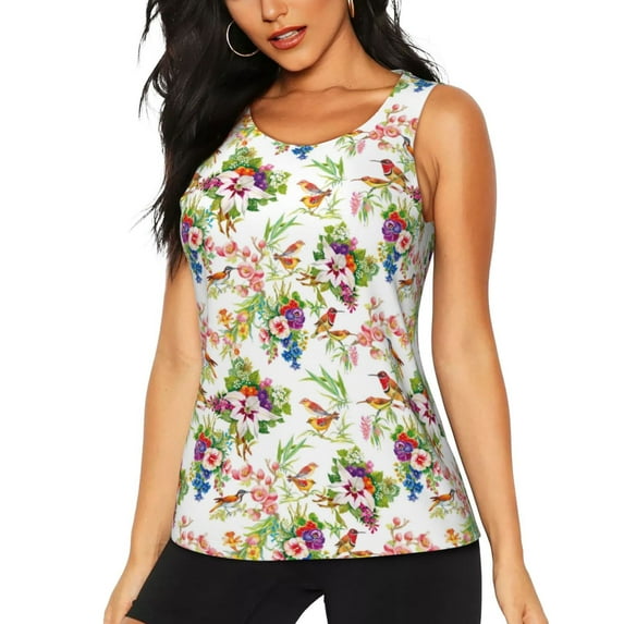 Easygdp Birds And Flowers Women's Workout Tank Top, Running Top, Hiking Shirt, Quick-Dry for Running, Yoga, Hiking - XX-Large