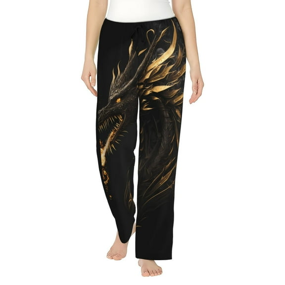 Easygdp Black And Gold Fire Dragon Women's Drawstring Pajama Pants | Lounge Joggers Sweatpants | Comfy Sleepwear | Yoga Pants-Small