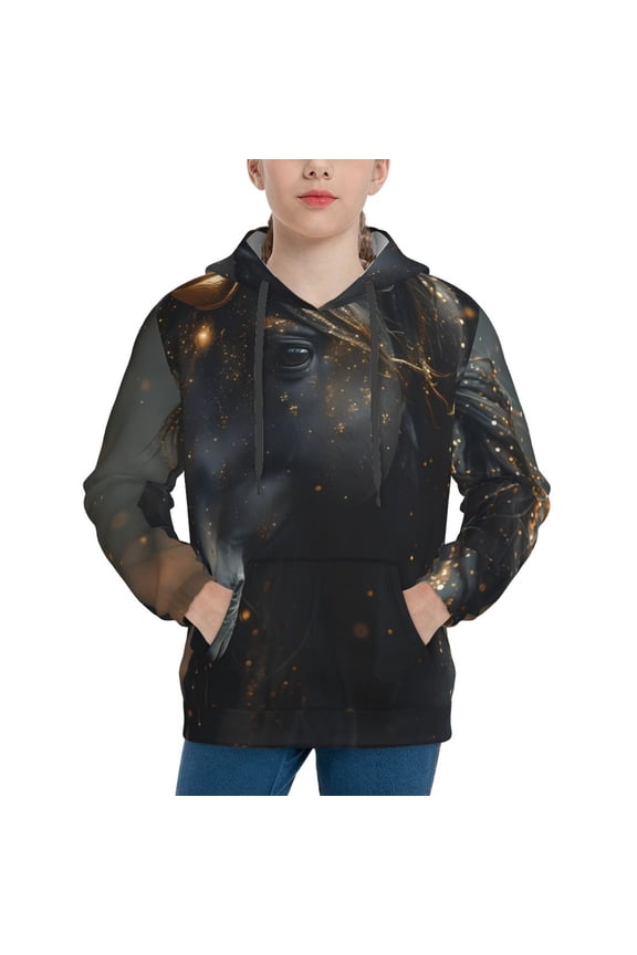 Black And Gold White Horse Boys Hoodie Kids Sweatshirt Youth Pullover With Hood-Medium