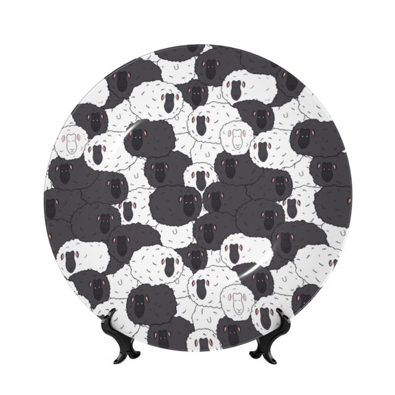 Easygdp Black And White Sheeps Bone China Decorative Plate Ceramic Dinner Plates Art Crafts with Display Stand-8in