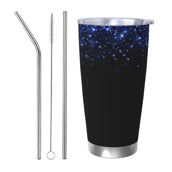 Easygdp Black Blue Glitter Sparkles 20oz Stainless Steel Vacuum Insulated Double Wall Travel Tumbler, Durable Insulated Coffee Mug with Spillproof Lid-Straw Three-piece Set