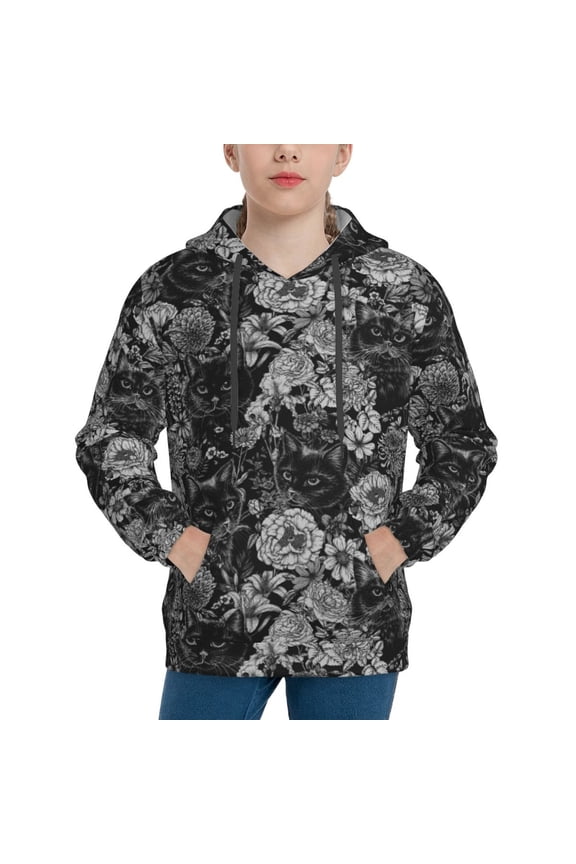 Black Cats In A Garden Boys Hoodie Kids Sweatshirt Youth Pullover With Hood-X-Large