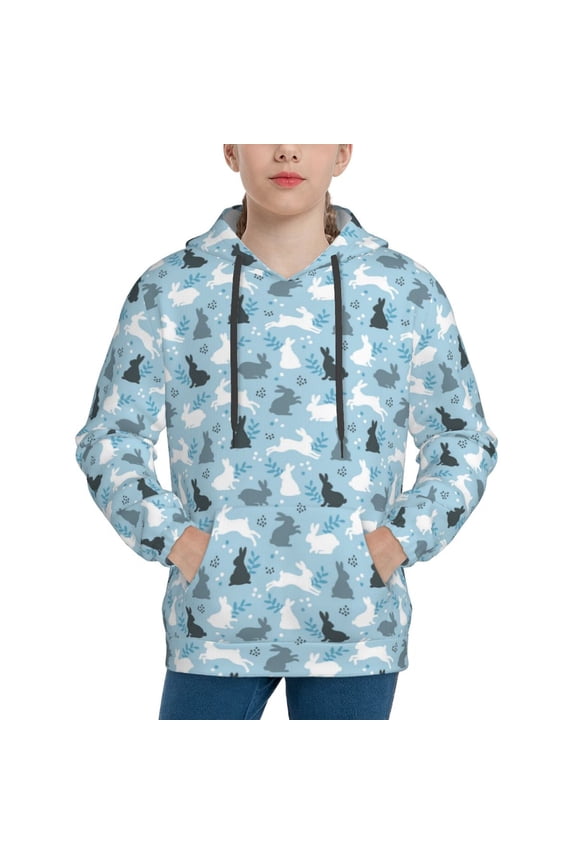 Black White Gray Rabbit Boys Hoodie Kids Sweatshirt Youth Pullover With Hood-Small