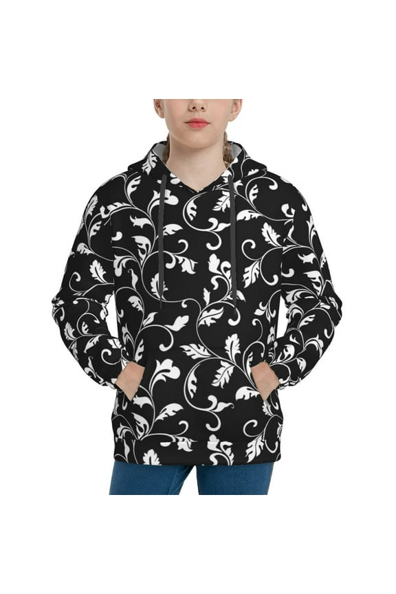 Black White Leaves Boys Hoodie Kids Sweatshirt Youth Pullover With Hood-X-Large
