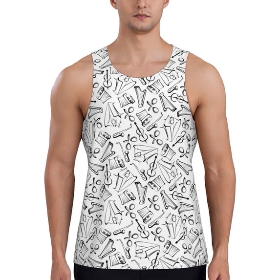 Easygdp Black White Music Men's Tank Top, Sleeveless Muscle T Shirts, Breathable, Quick-Dry, Loose for Gym, Running, Fitness - 3X-Large