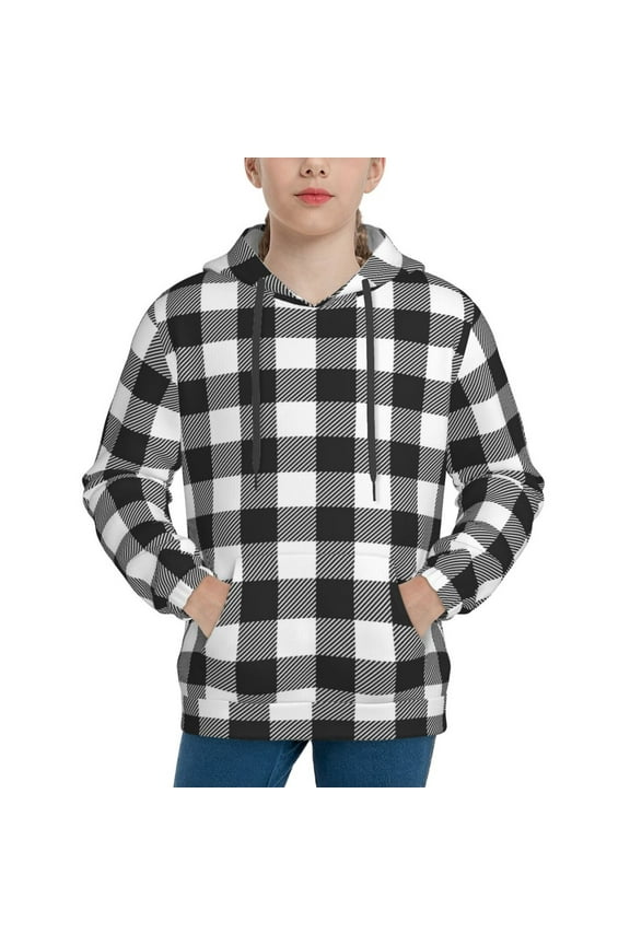 Black White Plaid Boys Hoodie Kids Sweatshirt Youth Pullover With Hood-Large