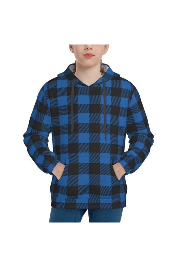 Blue Black Plaid Boys Hoodie Kids Sweatshirt Youth Pullover With Hood-X-Large