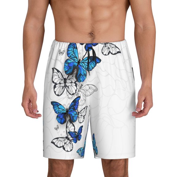 Easygdp Blue Flying Butterflies Men's Short Pajama Pants, Sleep Shorts, Household Pants, Casual Pants with Pockets - 3X-Large