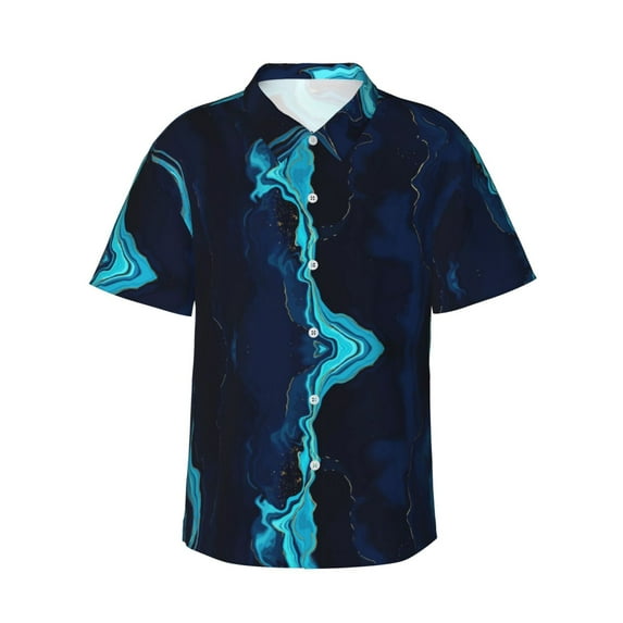 Easygdp Blue Marble And Gold Men'S Summer Casual Short Sleeve,Short Sleeve Button-Down Shirt, Lapel Loose Breathable Hawaiian Short Sleeve - Small