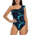 thumbnail image 1 of Easygdp Blue Marble And Gold Women's One Shoulder Ruffle Monokini Bathing Suits with Removable Chest Pad, Quick Drying - Small, 1 of 8