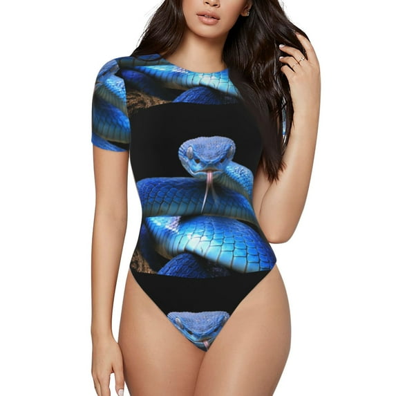 Easygdp Blue Viper Snake Women's One-Piece Swimsuit Slim Fit Crew Neck Bodysuit Athletic Swimwear with Concealed Buckle - Large