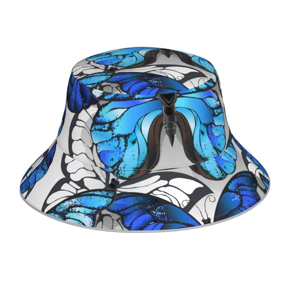Easygdp Blue and White Butterflies Double-Sided Reflective Fisherman Hat for Outdoor and Night Walking, Unisex