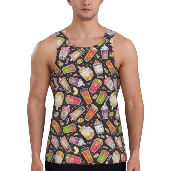 Easygdp Boba Milk Tea Men's Tank Top, Sleeveless Muscle T Shirts, Breathable, Quick-Dry, Loose for Gym, Running, Fitness - Large