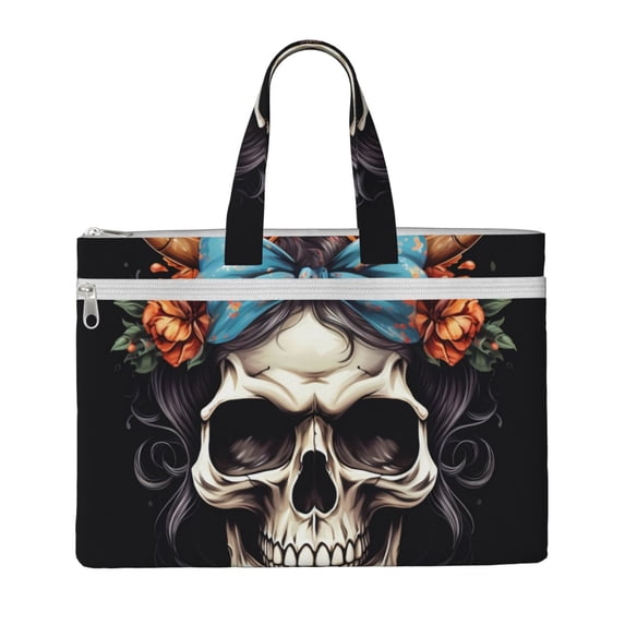 Easygdp Bow Flower Skull Canvas Document Bag File Bag Handle Business Briefcase Bag A4 File Organizer Organizer Handbag Briefcase