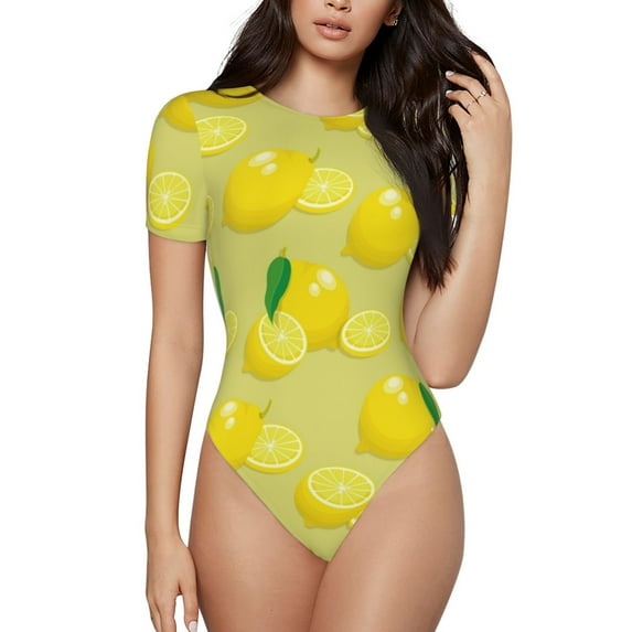 Easygdp Bright Lemons Women'S Waist-Cinching Short-Sleeved Onesie, Olastic Onesiet,Snaps At Bottom,Easy To Put On And Take Off - Large