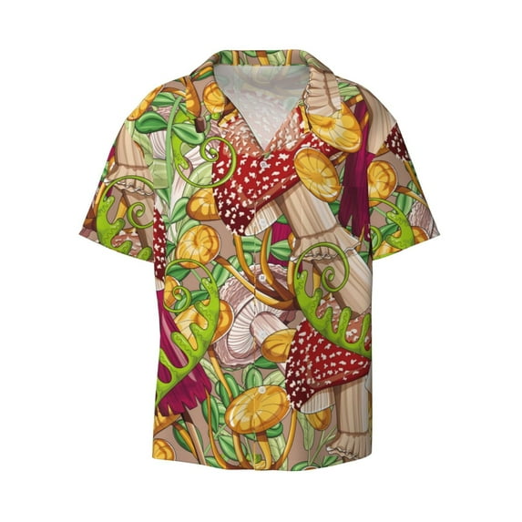 Easygdp Bright Mushrooms Men's Casual Short-sleeved Shirt with Pocket and Button Suitable for Beach Vacation Leisure - X-Large