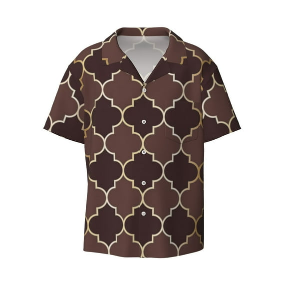 Easygdp Brown Gold Grid Men's Casual Short-sleeved Shirt with Pocket and Button Suitable for Beach Vacation Leisure - X-Large
