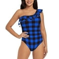thumbnail image 1 of Easygdp Buffalo Plaid Blue Black Women's One Shoulder Ruffle Monokini Bathing Suits with Removable Chest Pad, Quick Drying - Large, 1 of 8