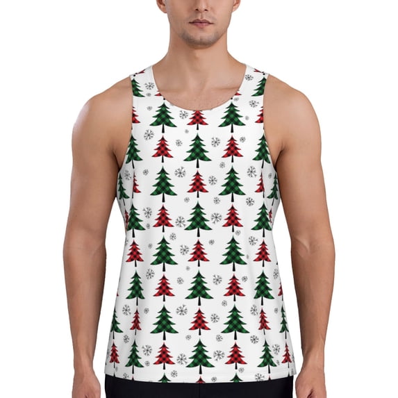 Easygdp Buffalo Plaid Christmas Trees Men's Tank Top, Sleeveless Muscle T Shirts, Breathable, Quick-Dry, Loose for Gym, Running, Fitness - 4X-Large