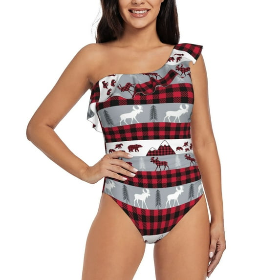 Easygdp Buffalo Plaid Forest Women's One Shoulder Ruffle Monokini Bathing Suits with Removable Chest Pad, Quick Drying - X-Large