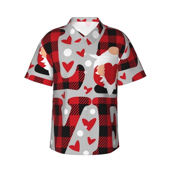 Easygdp Buffalo Plaid Love And Gnome Men's Hawaiian Shirts Print Lapel Short Sleeve for Beach, vacation, party, casual occasions - X-Large