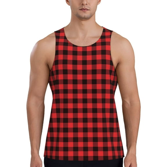 Easygdp Buffalo Plaid Red Black Men's Tank Top, Sleeveless Muscle T Shirts, Breathable, Quick-Dry, Loose for Gym, Running, Fitness - X-Large