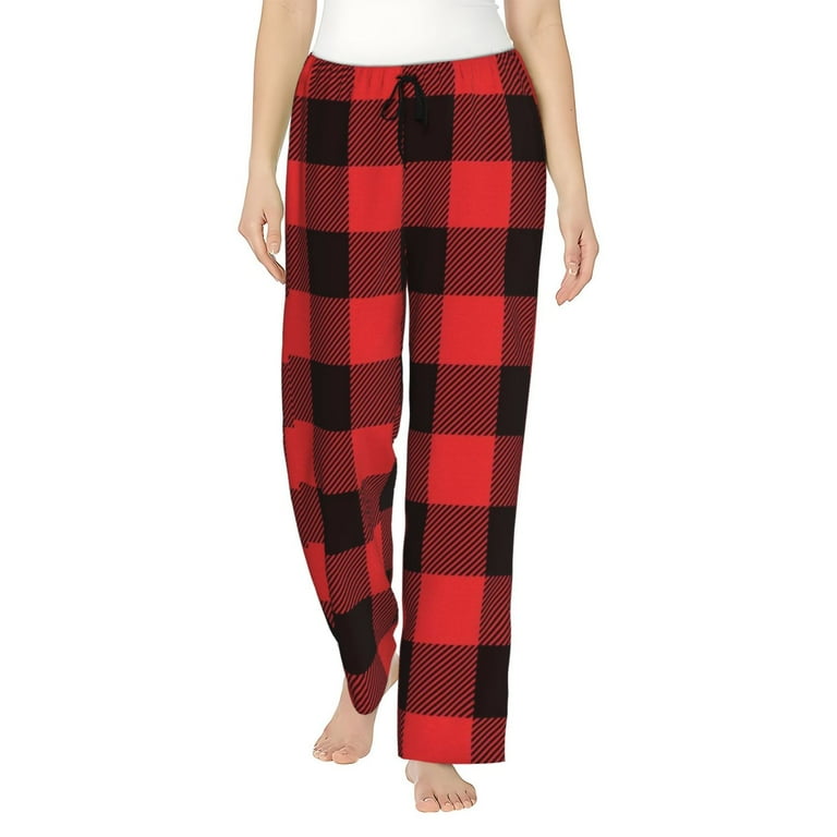 Easygdp Buffalo Plaid Red Black Women's Drawstring Pajama Pants