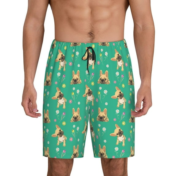 Easygdp Bulldog Puppy Flower Men's Short Pajama Pants, Sleep Shorts, Household Pants, Casual Pants with Pockets - 4X-Large
