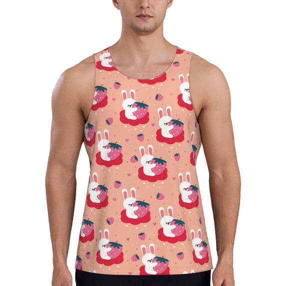 Easygdp Bunny And Strawberry Men's Tank Top, Sleeveless Muscle T Shirts, Breathable, Quick-Dry, Loose for Gym, Running, Fitness - 3X-Large