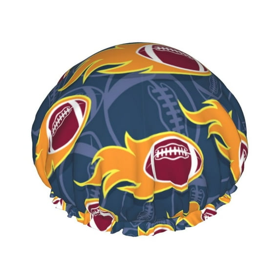 Easygdp Burning Rugby Balls Shower Caps for Women, Double Waterproof Layers Shower Cap, Quick Drying Bath Hair Cap Reusable