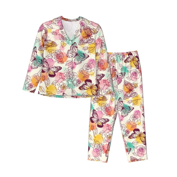 Easygdp Butterflies and Roses Women's Long-Sleeve Shirt and Full-Length Bottom Pajama Set,Two Piece Loungewear Soft Pajama Top and Pants Pjs Sleepwear-Large