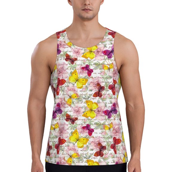 Easygdp Butterflies and Vintage Men's Tank Top, Sleeveless Muscle T Shirts, Breathable, Quick-Dry, Loose for Gym, Running, Fitness - 3X-Large