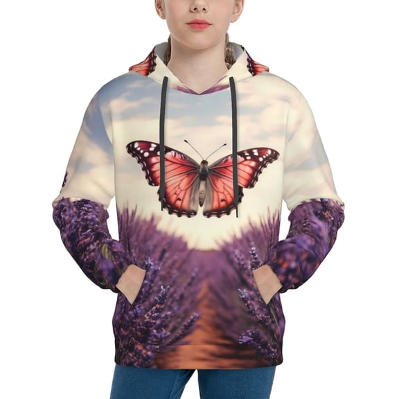 Easygdp Butterfly Over Lavender Boys Hoodie Kids Sweatshirt Youth Pullover With Hood-Large