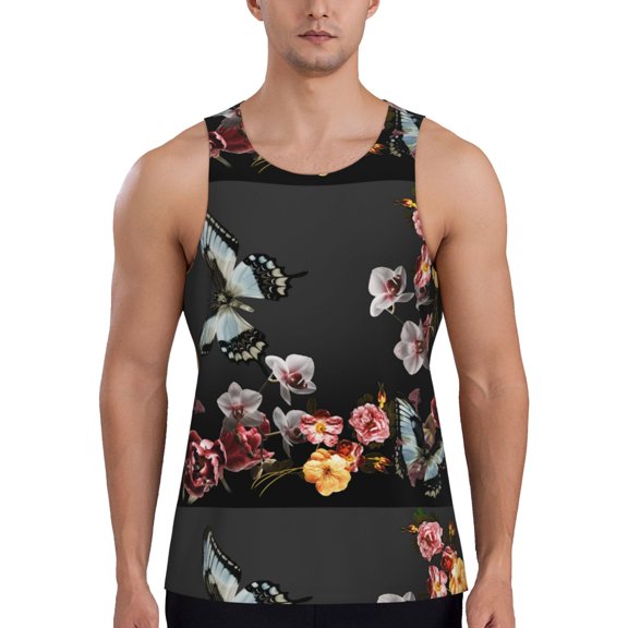 Easygdp Butterfly with Fowers Men's Tank Top, Sleeveless Muscle T Shirts, Breathable, Quick-Dry, Loose for Gym, Running, Fitness - Small