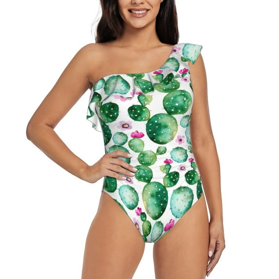 Easygdp Cactus Plants Women's One Shoulder Ruffle Monokini Bathing Suits with Removable Chest Pad, Quick Drying - Small