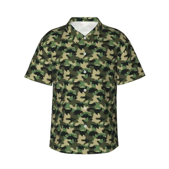 Easygdp Camouflage Dinosaur Men's Hawaiian Shirts Print Lapel Short Sleeve for Beach, vacation, party, casual occasions - Large