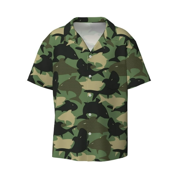 Easygdp Camouflage Shark Men's Casual Short-sleeved Shirt with Pocket and Button Suitable for Beach Vacation Leisure - XX-Large