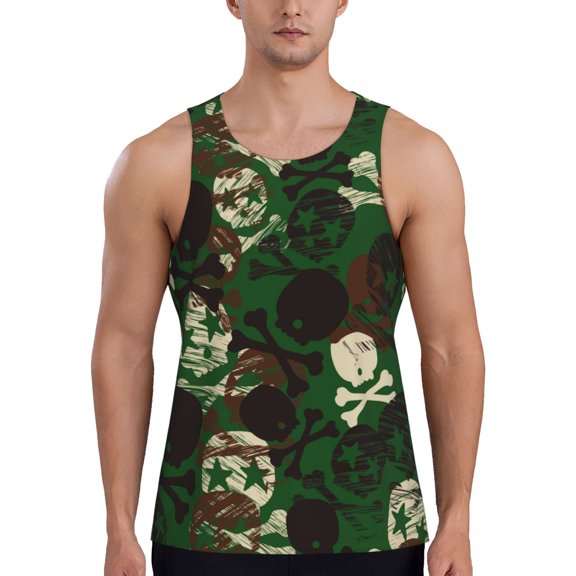 Easygdp Camouflage Skull Men's Tank Top, Sleeveless Muscle T Shirts, Breathable, Quick-Dry, Loose for Gym, Running, Fitness - X-Large