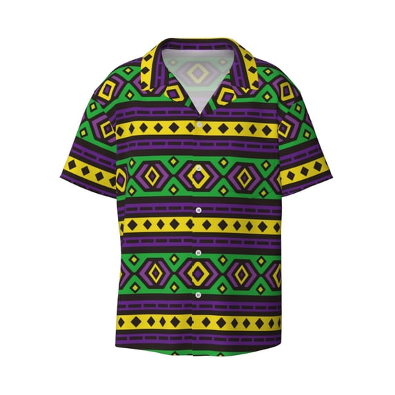 Easygdp Carnival Mardi Gras Men's Casual Short-sleeved Shirt with Pocket and Button Suitable for Beach Vacation Leisure - Small