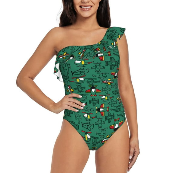 Easygdp Cartoon Air Transportation Women's One Shoulder Ruffle Monokini Bathing Suits with Removable Chest Pad, Quick Drying - X-Large