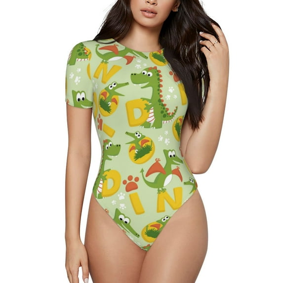 Easygdp Cartoon Dinosaurs Women'S Waist-Cinching Short-Sleeved Onesie, Olastic Onesiet,Snaps At Bottom,Easy To Put On And Take Off - X-Large