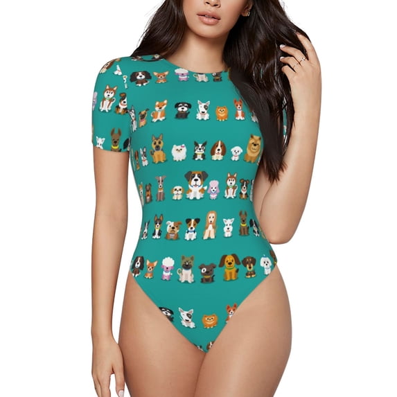 Easygdp Cartoon Dogs Women'S Waist-Cinching Short-Sleeved Onesie, Olastic Onesiet,Snaps At Bottom,Easy To Put On And Take Off - Small