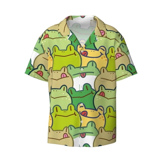 Easygdp Cartoon Frog Men's Casual Short-sleeved Shirt with Pocket and Button Suitable for Beach Vacation Leisure - XX-Large