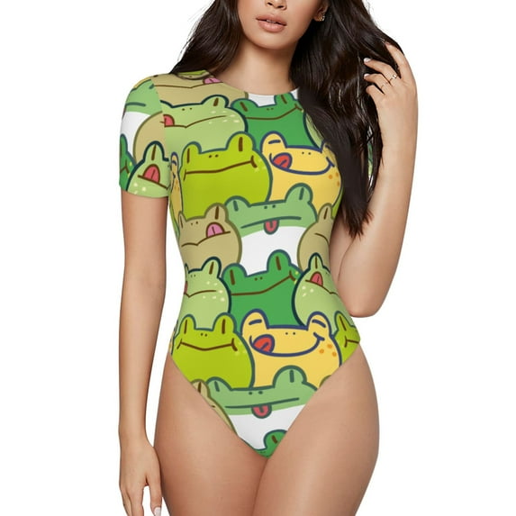 Easygdp Cartoon Frog Women's One-Piece Swimsuit Slim Fit Crew Neck Bodysuit Athletic Swimwear with Concealed Buckle - Medium