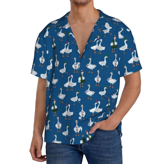 Easygdp Cartoon Geese With Xmas Mens Short Sleeve Button Down,Cuban Shirts for Men,Men's Casual Short-Sleeved Shirt-Small