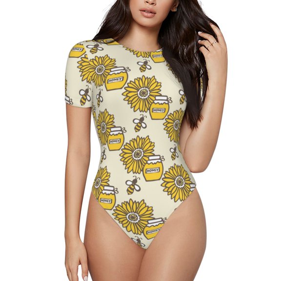Easygdp Cartoon Honey Pot Bee Sunflower Women's One-Piece Swimsuit Slim Fit Crew Neck Bodysuit Athletic Swimwear with Concealed Buckle - Small