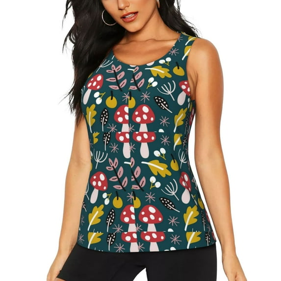 Easygdp Cartoon Leaf Mushroom Red Women's Workout Tank Top, Running Top, Hiking Shirt, Quick-Dry for Running, Yoga, Hiking - Small