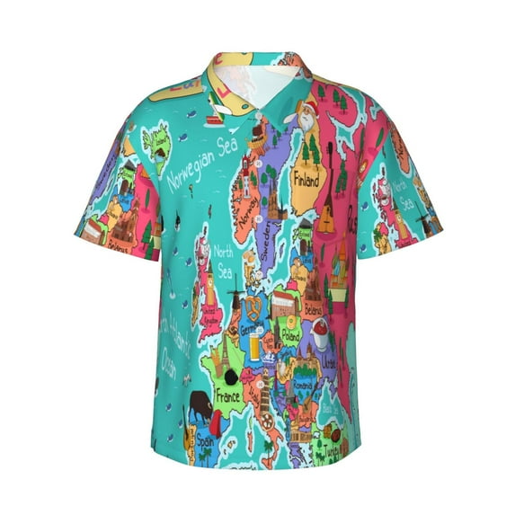 Easygdp Cartoon Map Of Europe Men's Hawaiian Shirts Print Lapel Short Sleeve for Beach, vacation, party, casual occasions - XX-Large