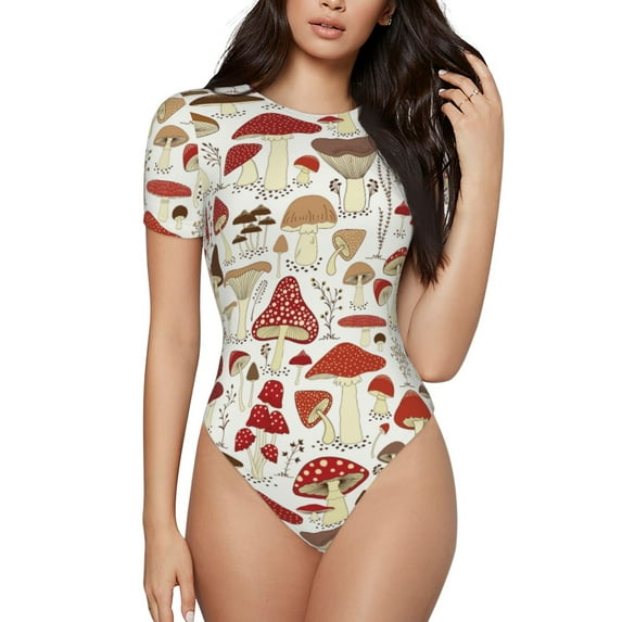 Easygdp Cartoon Mushrooms Women's One-Piece Swimsuit Slim Fit Crew Neck Bodysuit Athletic Swimwear with Concealed Buckle - XX-Large
