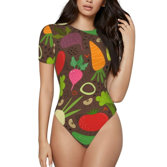 Easygdp Cartoon Vegetables Women'S Waist-Cinching Short-Sleeved Onesie, Olastic Onesiet,Snaps At Bottom,Easy To Put On And Take Off - X-Large